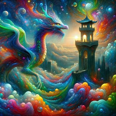 Primary subject: A colorful dragon with a castle in the background.

Setting/background: The dragon is in a colorful, swirling, and vibrant environment, with a castle in the distance.

Visual style: The image is a digital art piece, featuring a fantasy scene with a dragon and a castle.

Colors and mood: The colors are bright, lively, and energetic, creating a cheerful and imaginative atmosphere.